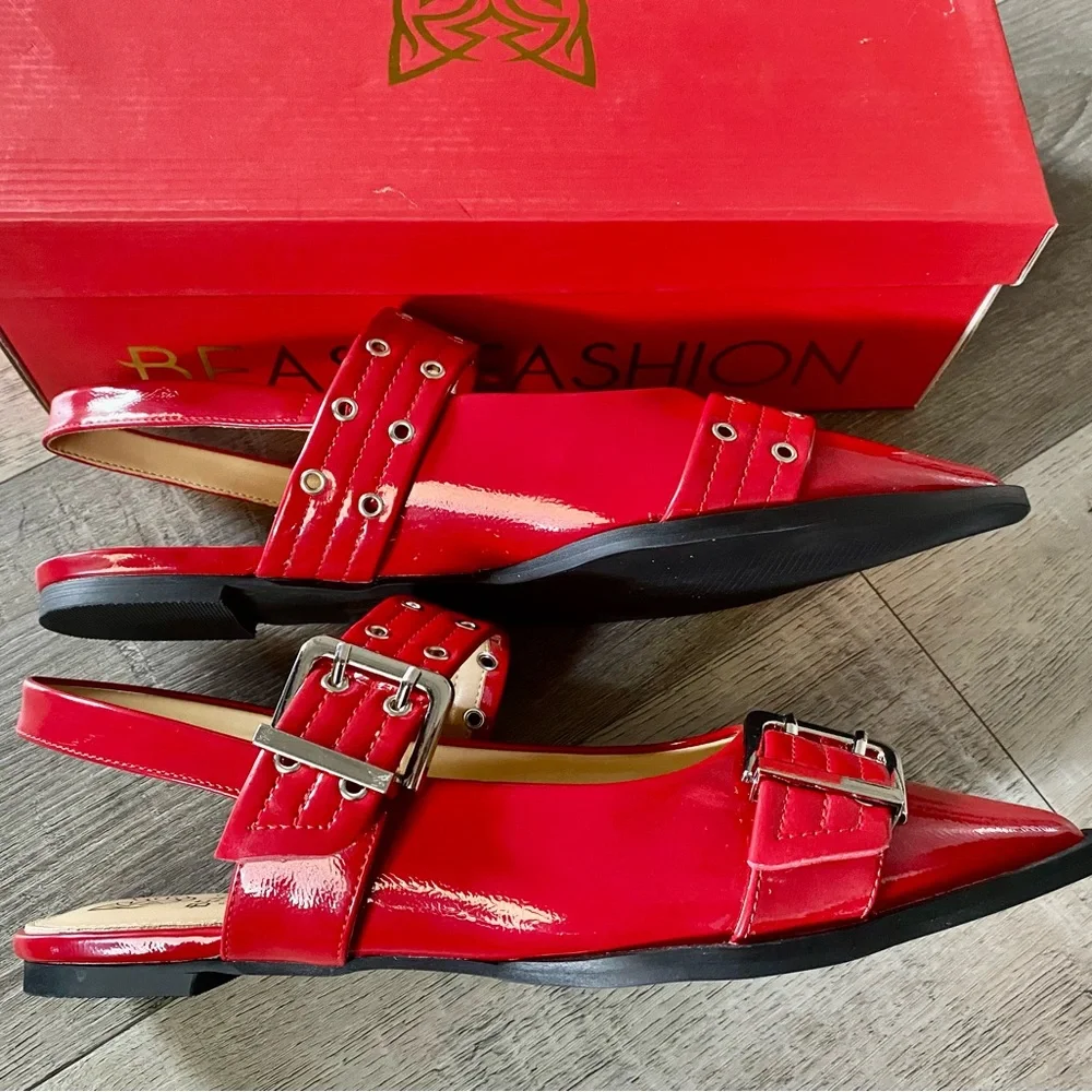 Beast Fashion Red Faux Patent Grommet Buckle Pointed Toe Shoes Flats 7.5 - Picture 6 of 7